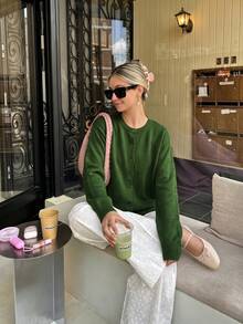 Women's Cardigan Round Neck Single-Breasted Button-Up Long Sleeve Basic Style College Casual Dopamine Bright Color Single Wear Layering Thick Fuzzy Knit Sweater Autumn/Winter - Green - View 7