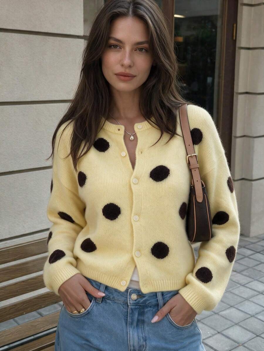 Women's Autumn/Winter Comfortable Warm Daily Fun Polka Dot Contrast Color Design Street Style Cardigan Sweater - Yellow - View 1