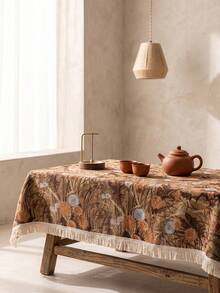 1pc Brown Base Vintage Autumn Floral Plant Print Tablecloth, Retro Natural Style Jacquard Fabric, Rectangular Beige Tassel Edge Detail, Stain-Resistant Desktop Protection Functional Long Tablecloth Suitable For Daily Home And Natural Dining Table Decor Scenes - Brown - View 2