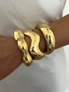 3pcs/Set Fashionable Minimalist Elegant Exquisite Vintage Design Geometric Ribbon Wave Smooth Surface Minimalist Plain Band CCB Metal Style Exaggerated Wide Chunky Bracelets Set, Holiday Vacation Party Date Gift, Daily Commute Wear, Personalized - Yellow Gold - View 3