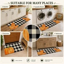 1pc Autumn Pumpkin Maple Leaf Black & White Plaid Kitchen Home Decor Floor Mat, Non-Slip Absorbent Long Runner Rug, Thanksgiving Country Style Bathroom Laundry Room Door Mat Set - Multicolor - View 8