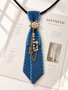 1pc Women's Denim Lace Pearl Accessory Fashion Personalized Office White Collar Neck Tie - Multicolor - View 4