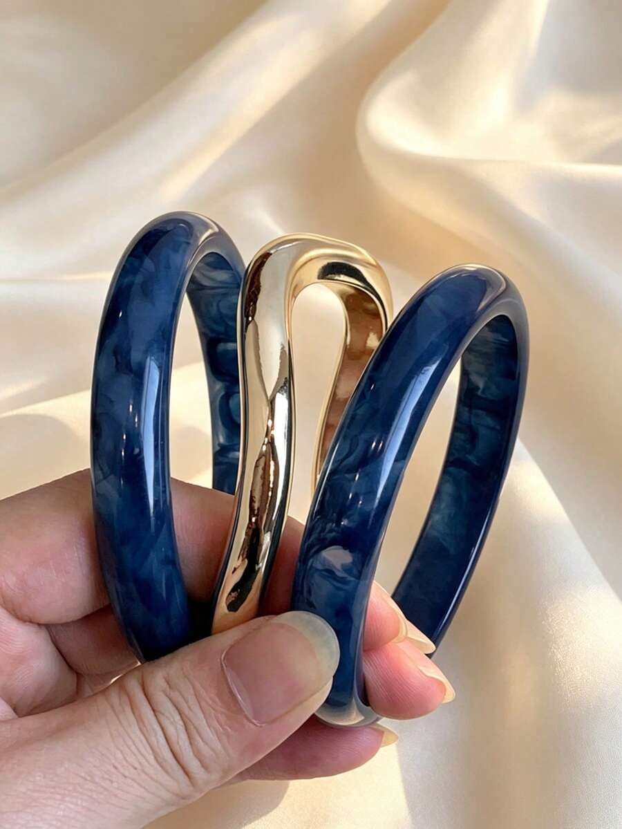 3pcs/Set Fashionable Vintage Thick Multicolor Asymmetrical Acrylic Bracelet Set, Suitable For Women, Daily Wear, Gift For Friends And Family - Multicolor - View 1