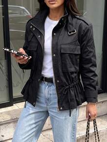 1件女款時尚純色長袖前拉鍊極簡休閒短夾克，卡其色高領長袖夾克，附鈕扣細節與口袋，標準下擺，無彈性 - 黑色 - 查看 11