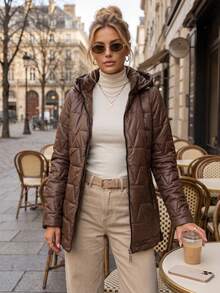 Women's Quilted Jacket Detachable Hood Zip Front Side Pockets Mid-Thigh Straight Fit - Brown - View 3