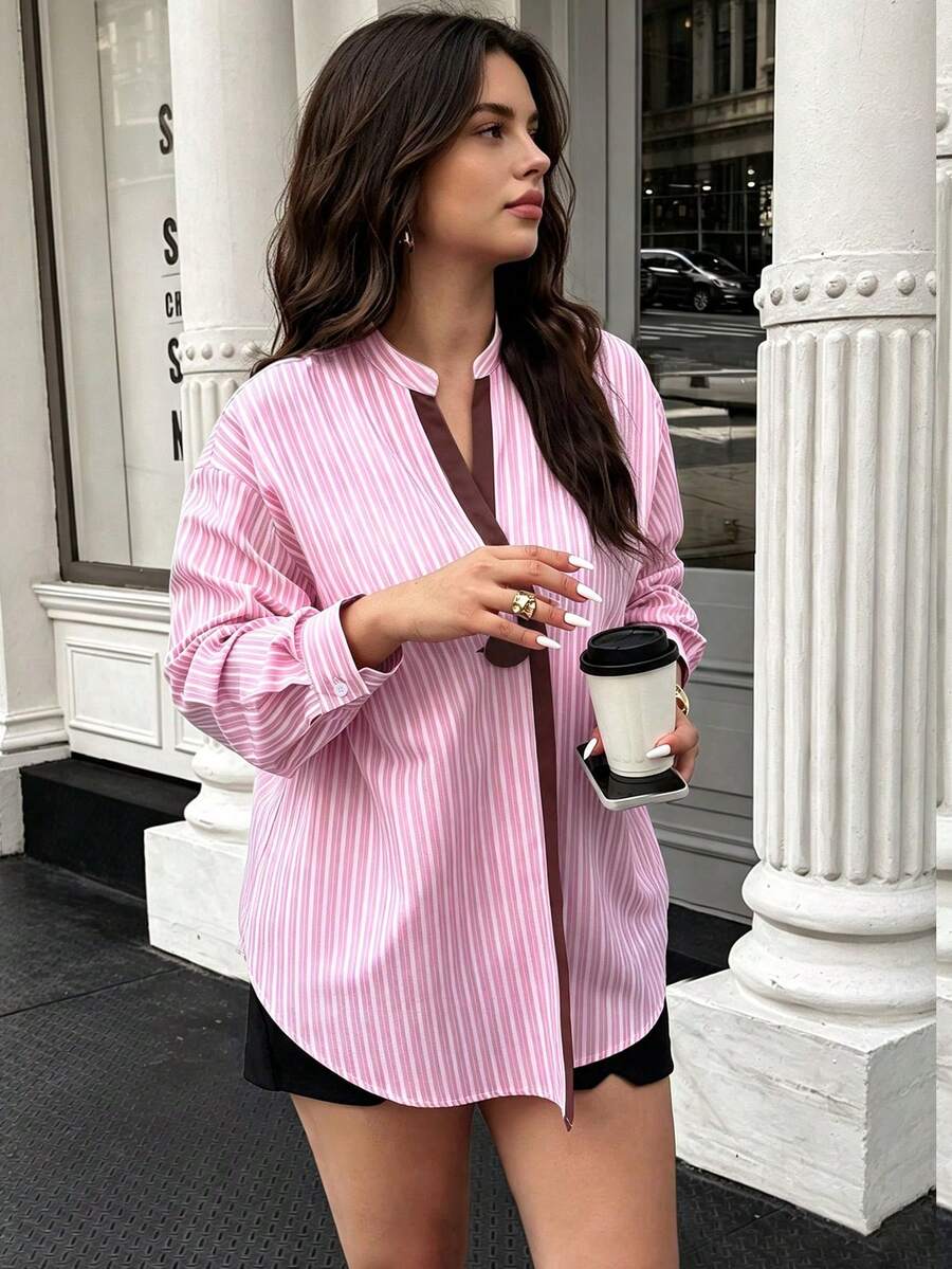 Summer V-Neck Metal Buckle Striped Shirt Casual Commute Style Plus Size Daily Wear - Multicolor - View 1