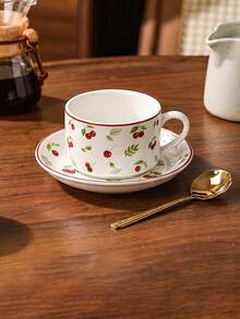 1 Set 100ml Ceramic Cup & Saucer, Fruit Pattern Espresso Cup, (With Gold Spoon) Suitable For Party, Afternoon Tea, Also For Restaurant, Living Room And Cafe, Ideal Holiday Gift - Multicolor - View 12