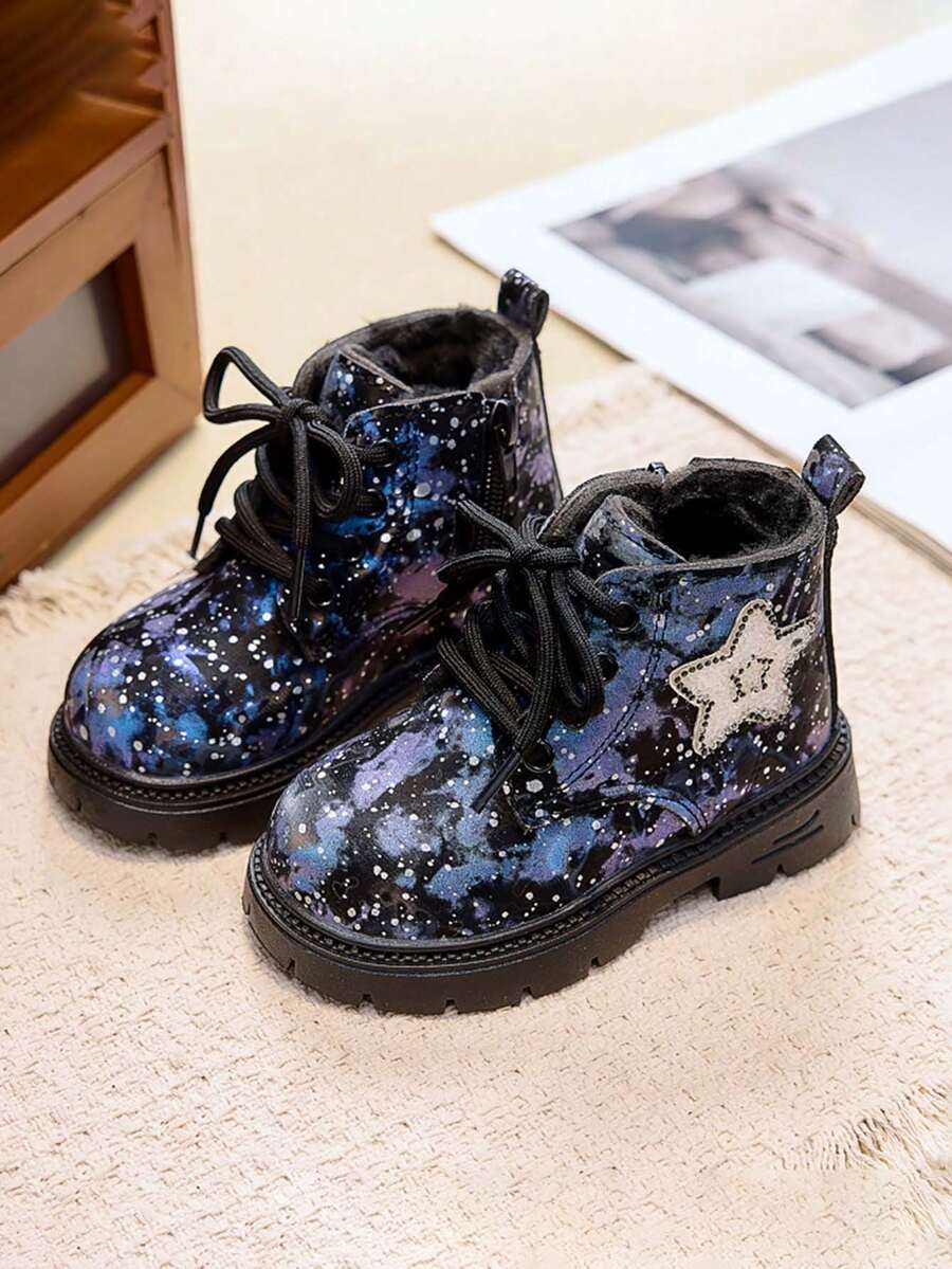 Kids Starry Print Thermal Lined Boots Lace-Up Thick Sole Anti-Slip Warm Winter Ankle Boots For Boys And Girls - Blue - View 1