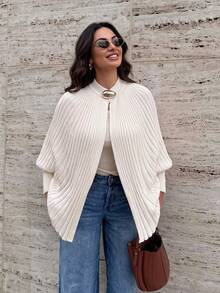 Women's Vintage Luxury Style Cape Knit Cardigan, Stand Collar With Metal Decorative Buttons, Draped Ribbed Fabric, Casual Early Autumn Vibe - Apricot Color - View 6