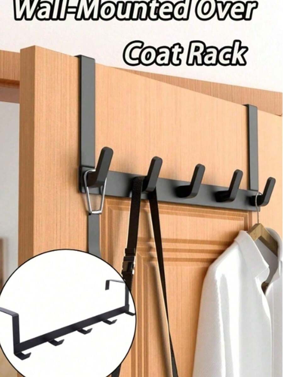 Wall-Mounted / Door-Hanging Multi-Hook Clothes Rack With Towel Storage Function, Modern Minimalist Space-Saving Design, Easy Installation. Can Hang Heavy Coats, Jackets, Dresses, Bedding; Sturdy Frame, Black Bracket With White Accessories. Suitable For Entryway, Bedroom, Bathroom Storage And Organization, Multifunctional Behind-The-Door Storage Solution, Practical Hooks, Wall Hooks, Door Hooks, Bathroom Towel Hooks. - Multicolor - View 1