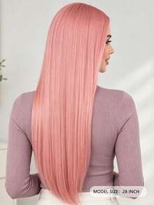 28 Inch Women's Long Straight Middle Part Pink Wig, Fashionable Elegant Smooth Silky, Suitable For All Women Daily Wear And Party Styling - Pink - View 4