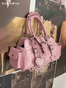 Y2K Vintage Millennium Style Motorcycle Crocodile Embossed Square Rivet Handbag, Large Capacity Casual Multi-Pocket Sweet Cool Motorcycle Bag, Handheld Underarm Crossbody Bag (Free Heart Pendant) - Watermelon Pink - View 5