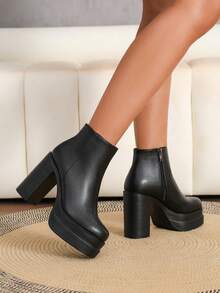 1 Pasang Sepatu Bot Ankle Platform Sol Tebal dengan Resleting Samping Seksi Warna Polos, Tahan Air, Sol Tebal, Cocok untuk Aktivitas Luar Ruangan Musim Gugur dan Musim Dingin - Hitam - View 3