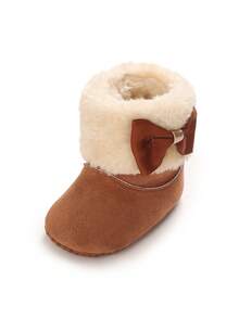 Sepatu Bot Bayi Perempuan Berbulu Lembut, Kerah Bulu Lipat dengan Pita, Sol Lembut, Sepatu Bot Hangat untuk Bayi Baru Lahir Sebelum Berjalan - Coklat - View 3