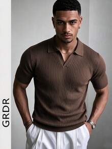 GRDR Men's Summer Knit Polo Shirt, Solid Color Short Sleeve Knitted Collar, Suitable For Summer Outings, Essential For Fashionable Outfit - Brown - View 3