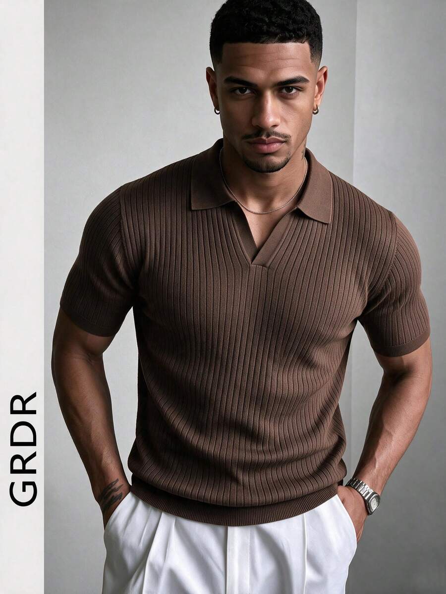 GRDR Men's Summer Knit Polo Shirt, Solid Color Short Sleeve Knitted Collar, Suitable For Summer Outings, Essential For Fashionable Outfit