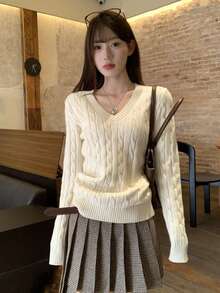 杏色V領麻花編織女款秋季加厚寬鬆慵懶針織上衣 - 杏色 - 查看 2