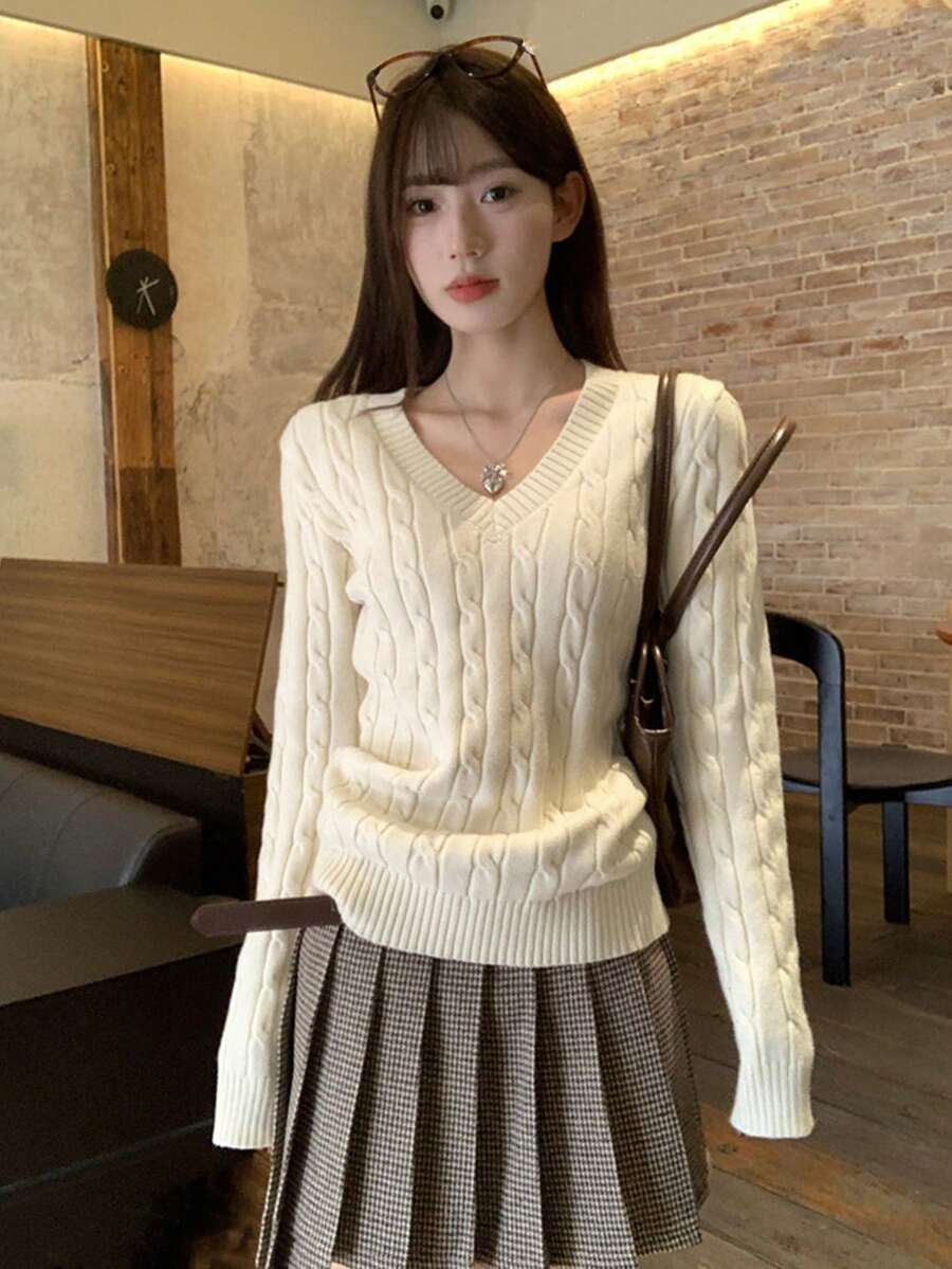 Apricot V-Neck Cable Knit Sweater Women's Autumn Thick Loose Fit Slouchy Knit Top - Apricot - View 1