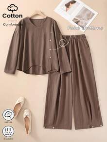 Autumn Women's Vintage Elegant Minimalist Casual College V-Neck Side Button Asymmetrical Hem Loose Long Sleeve Top Wide Leg Wooden Button Pants Two Pieces Set, Commute Office School Tea Party Button Decor Asymmetrical Hem Design Top Wide Leg Pants Long Sleeve Set, Holiday Vacation Outing Versatile Two Pieces Set, Brown, Classic, All-Match, Country, Vacation, Casual Sets For Women - Brown - View 3