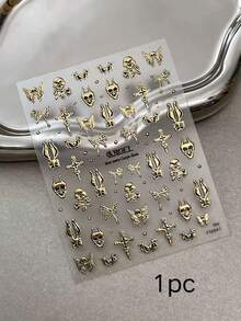 1pc Fall Autumn Embossed Skull Cross Rabbit Ear Halloween Demon Pattern Nail Stickers, Gold & Silver Colors For Autumn/Winter Vibes, Y2K Nail Salon Style Nail Art Accessories, Fingernail DIY Decoration - Multicolor - View 8