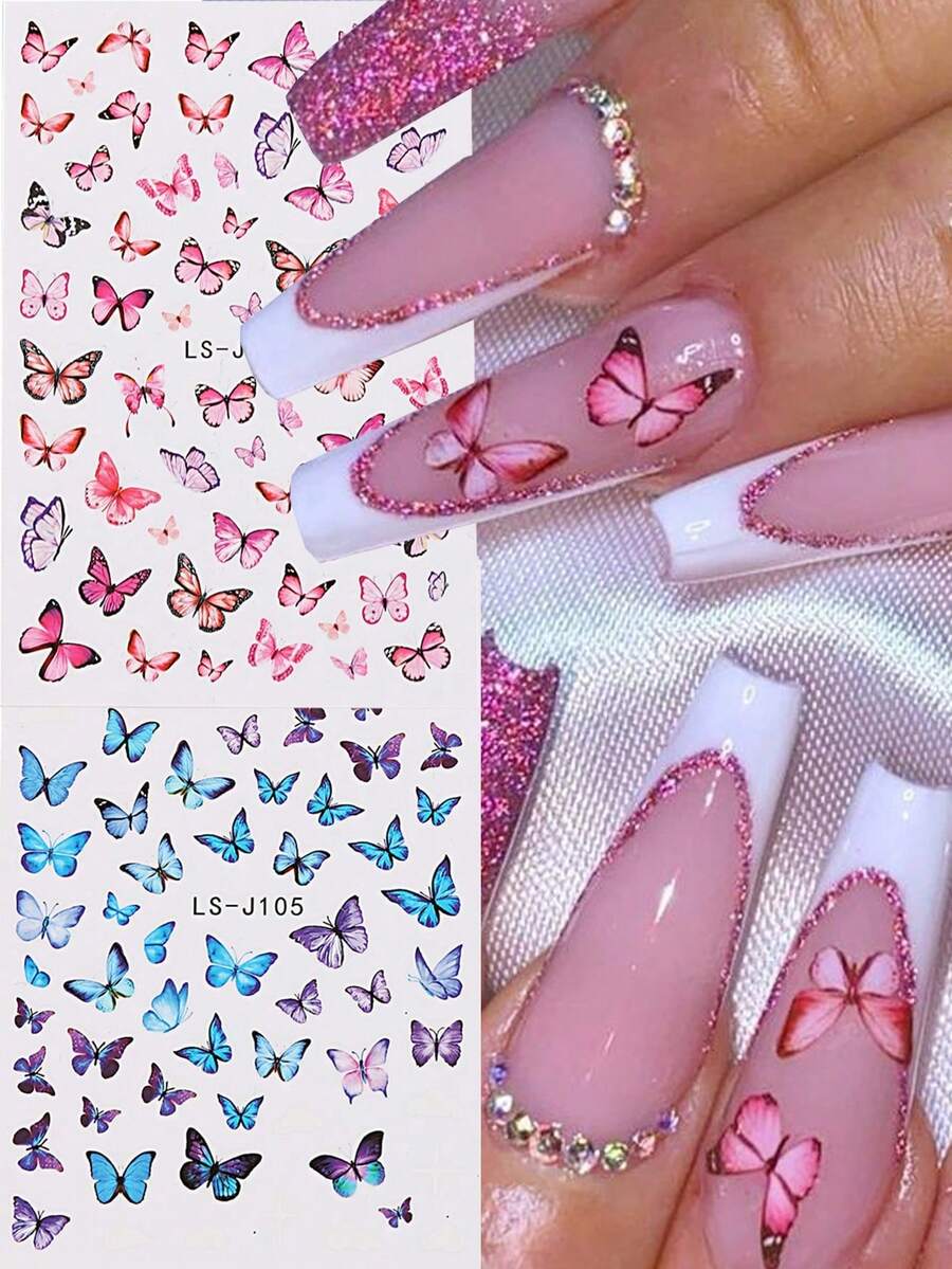 1 Sheets 3D Green Butterfly Nail Stickers Pink Purple Butterfly Nail Decals Spring Decorative Flower Leaf Stickers Nail Foils DIY - Multicolor - View 1