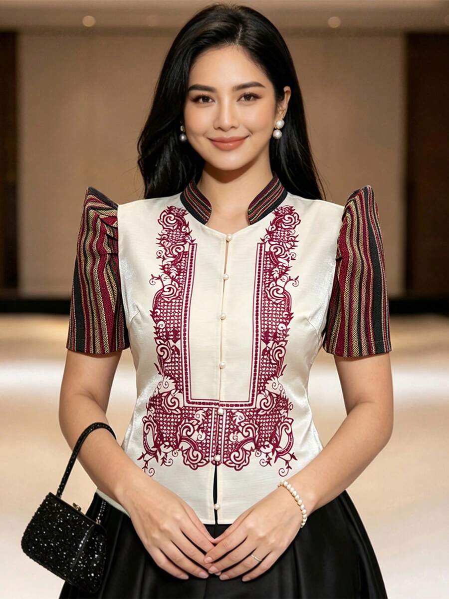 1pc Modern Filipiniana Blouse With Butterfly Sleeves, Button Blouse, Women's Short Sleeve Shirt Top For Office, Daily, Festival, Summer - Champagne - View 1