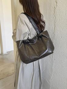 1pc Women's Solid Color PU Middle Compartment Shoulder Tote Bag, Large Capacity, Suitable For Outings, Shopping, Dating, Gift - Coffee Brown - View 4
