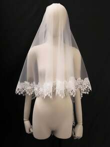 1 Pc 2 Tier Wedding Veil Fingertip Length Lace Applique Bridal Veil Blusher Veil With Metal Comb For Brides - Multicolor - View 8