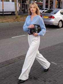 Women Fall Satin‑Like Blouse, Half‑Button V‑Neck Puff Long Sleeve Cuffed Casual Office Shirt - Baby Blue - View 1