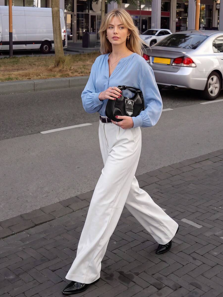 Women Fall Satin‑Like Blouse, Half‑Button V‑Neck Puff Long Sleeve Cuffed Casual Office Shirt - Baby Blue - View 1