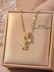 Romantic Pink Cubic Zirconia Inlaid Bear Pendant Necklace, Gold Plated Delicate Chain, Suitable For Women's Daily Wear Accessory - Bear - View 4