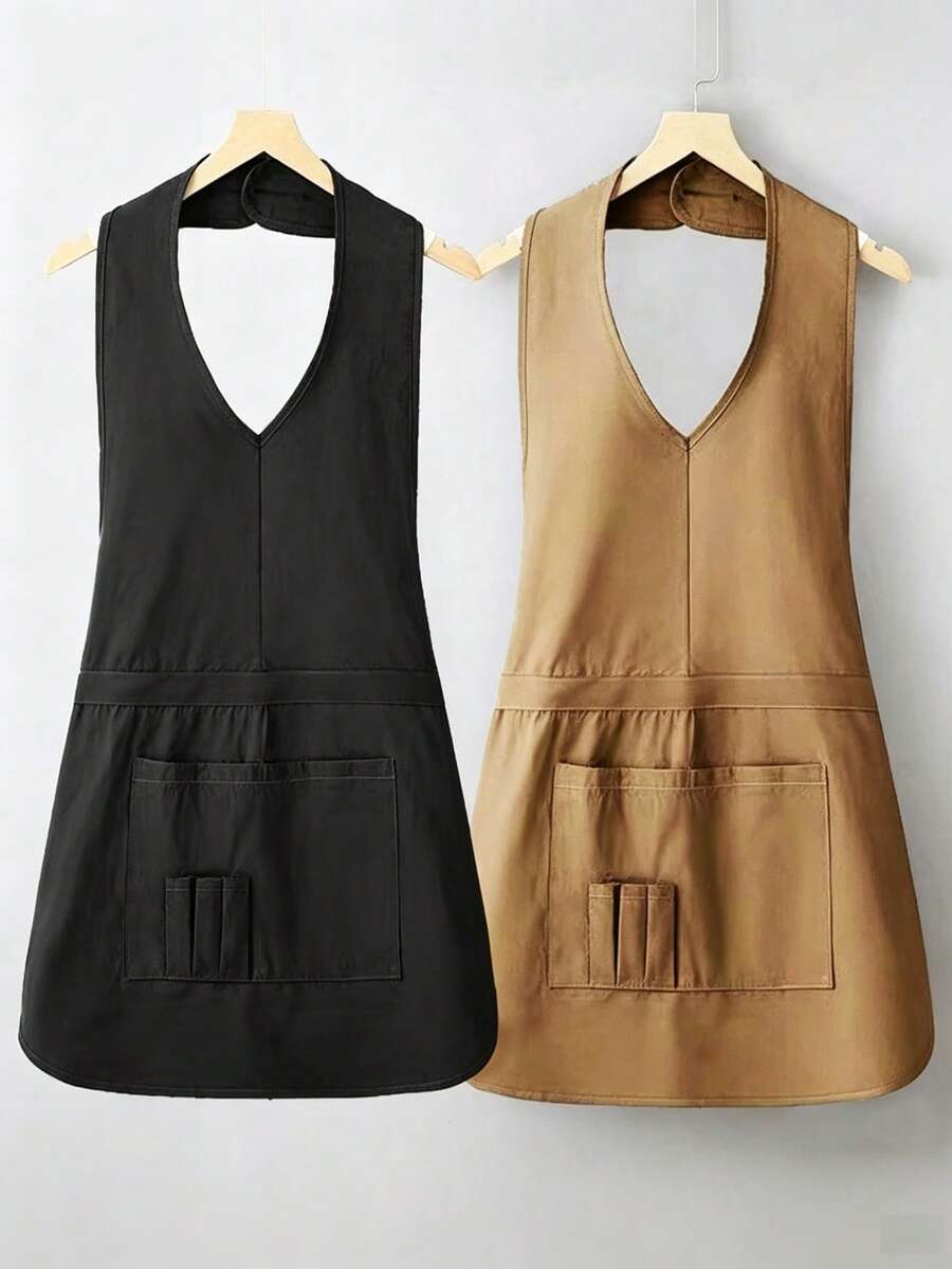 Fashionable Halter Neck Button Apron Sleeveless Kitchen Home Cooking Waist Tie, Suitable For Catering Nail Salon Beauty Parlor Adult Workwear - Multicolor - View 1