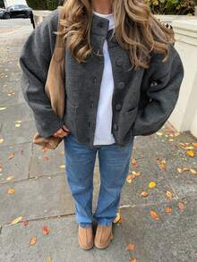 女款新款秋冬極簡風開襟羊毛衫 - 花灰色 - 查看 4