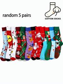 1/3/5 Pairs Christmas Pattern Socks, Cute Unisex Christmas Socks, Warm Winter Socks, Holiday Gift Socks - Multicolor - View 7