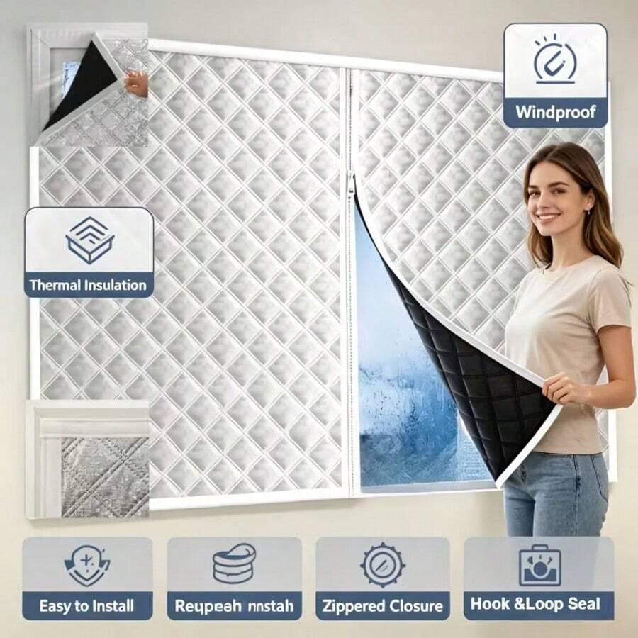No Drill Zipper Thermal Curtains, Winter Cold Blocking, Sunshade & Warmth, Sound Insulation & Noise Reduction, Effective Cold Defense Curtains - White-edged Center Zipper Style - View 1