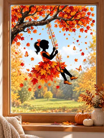 Vinilo decorativo para ventana con silueta de bailarina de hojas de otoño, adhesivo estático de PVC sin pegamento, pegatina de vidrio creativa y estética de mariposa con hoja de arce, vinilo decorativo para ventana con ambiente otoñal, decoración con ambiente de cosecha de Acción de Gracias, decoración para escaparates de tiendas, sala de estar, dormitorio, decoración para el hogar en otoño