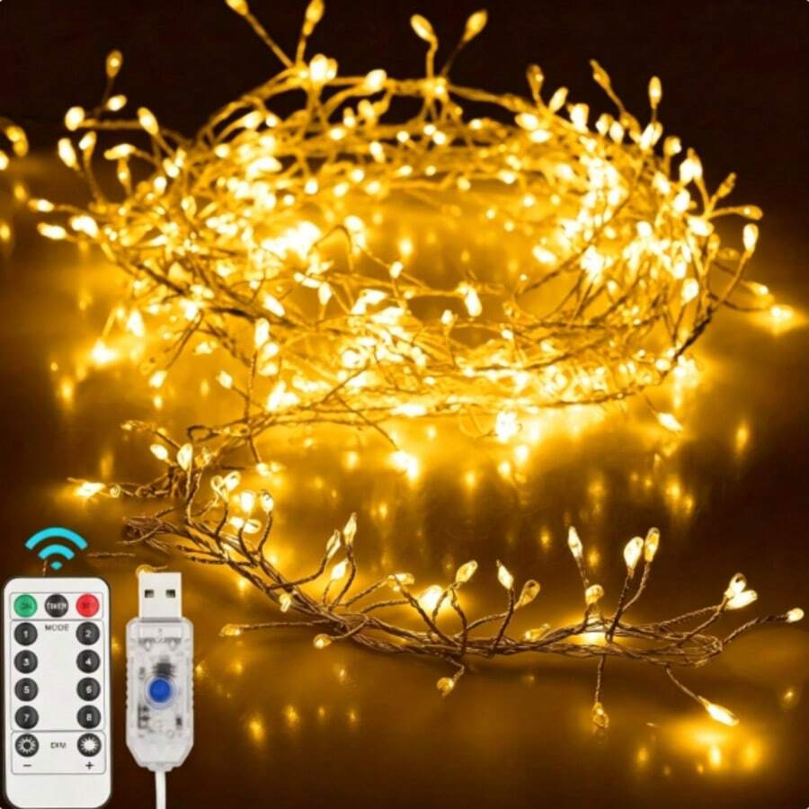 1 dây đèn LED dây màu trắng ấm dùng nguồn USB, 8 chế độ chiếu sáng tùy chỉnh kèm điều khiển từ xa, đèn dây trang trí linh hoạt cho phòng ngủ trong nhà, lễ cưới, tiệc sinh nhật, sân vườn và trang trí không gian nhà - Đèn pháo hoa USB - Xem 1