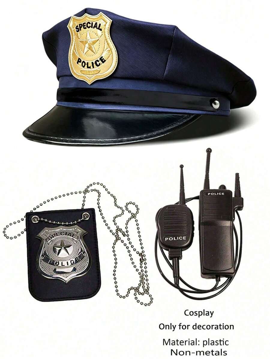 警察服裝配件套裝,黑色成人女性警察制服性感萬聖節道具,平頂八角帽、領帶、警察徽章、對講機 - 藍金色 - 查看 1