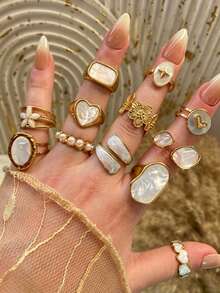 12pcs Bohemian Vacation Style Y2K Drip Oil Geometric Flower Heart Ring Set, Sweet Cool Hot Girl Ins Alloy Stackable Rings, Festival Gift, Beach Vacation, Birthday Present Exquisite Jewelry - Yellow Gold - View 1