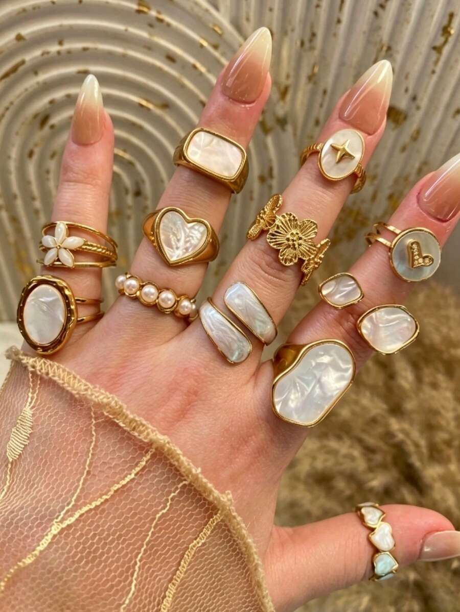 12pcs Bohemian Vacation Style Y2K Drip Oil Geometric Flower Heart Ring Set, Sweet Cool Hot Girl Ins Alloy Stackable Rings, Festival Gift, Beach Vacation, Birthday Present Exquisite Jewelry - Yellow Gold - View 1