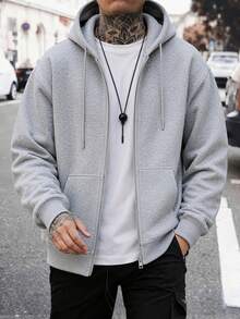 Men's Spring Autumn Winter Solid Color Pocket Loose Drop Shoulder Zip-Up Hooded Sweatshirt - Grey - View 4