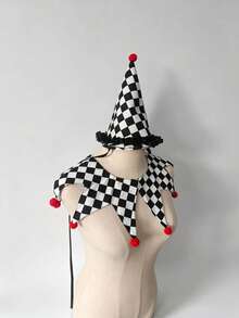 1set Black White Check Clown Hat And Star Shape False Collar Set With Red Pom Poms Halloween Circus Cosplay Costume Accessory For Carnival Theme Party - A - View 9