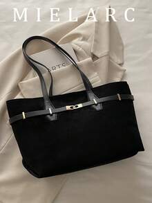 Retro Suede Large Capacity Belt Tote Bag For Women, Leopard Print Chic Personalized Casual Versatile Niche Shoulder Big Bag - Black - View 2