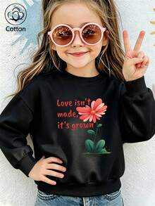 Children's Black Crew Neck Sweatshirt, Casual Sweatshirt With Floral Print - Black - View 2