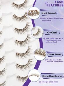 7 Pairs 3D Fluffy Brown Cat Eye Lashes Clear Band Wispy Eyelashes Natural Fake Eyelashes Soft Strip Lashes Lightweight False Eyelash - Brown - View 8