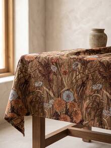 1pc Brown Base Vintage Autumn Floral Plant Print Tablecloth, Retro Natural Style Jacquard Fabric, Rectangular Beige Tassel Edge Detail, Stain-Resistant Desktop Protection Functional Long Tablecloth Suitable For Daily Home And Natural Dining Table Decor Scenes - Brown - View 5
