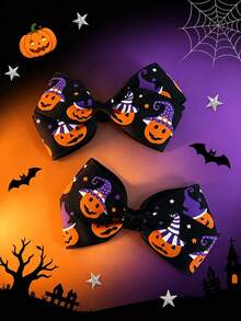 Halloween Pumpkin Print Bow Hair Clips, Witch Hat Pattern Ribbon Hair Barrettes, Cosplay Party Hair Accessories For Women - Multicolor - View 2