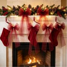 1pc Large Red Tulle Christmas Tree Bows, Oversized Sheer Ribbon Bow Decorations For Christmas Tree, Wreath, Mantel, Fireplace & Front Door, Holiday Home Decor - Multicolor - View 6