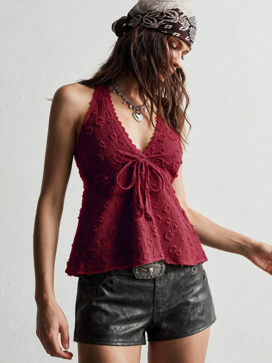 Rusttydustty Women's Bohemian Style Music Festival Backless Halter Top For Vacation Summer - Burgundy - View 1