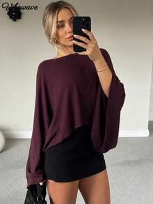 VIBEWAVE Fashionable Batwing Sleeve Loose Lightweight Cape-Style Cinched Waist T-Shirt Casual Design Top - Burgundy - View 2